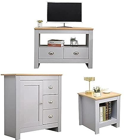 HOME MODERN 3 Pieces Living Room SET TV Unit Cabinet+Sideboard/Cupboard+Lamp/Side Table,Wooden,Grey+Oak Color