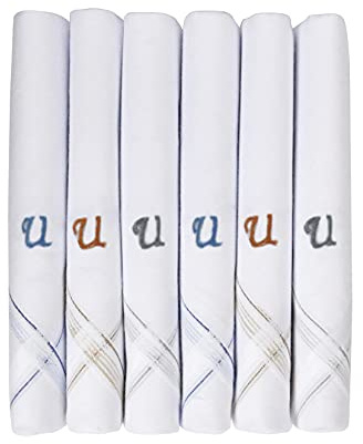 Caruso Italy Herren Monogramm (A-Z) Stickerei 100% reine Baumwolle Taschentuch weiße Basis mit farbigem Rand – 6 Stück