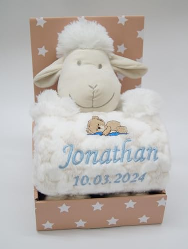 Geschenk-Set New Baby ★ Babydecke mit Namen + Plüschtier ★ Baby-Shower ★ Geburt ★ (Beige - Schaf 3)