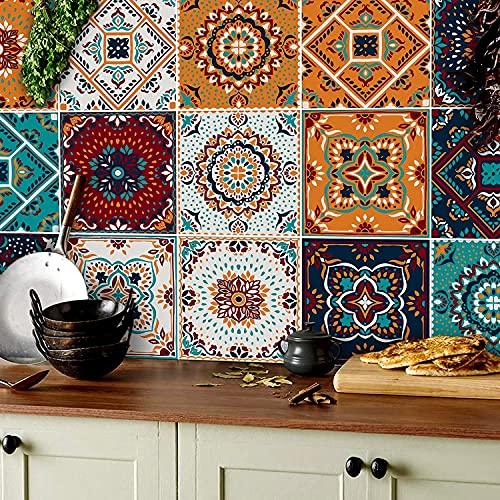 HPNIUB 20×20CM Mosaik Küche Wandaufkleber,Bunt Wandfliese Aufkleber,DIY Marokkanischer Fliesenaufkleber für Badezimmer,Selbstklebende Treppenaufkleber Fliesenfolie,Wasserdicht Wandaufkleber,16 Stück