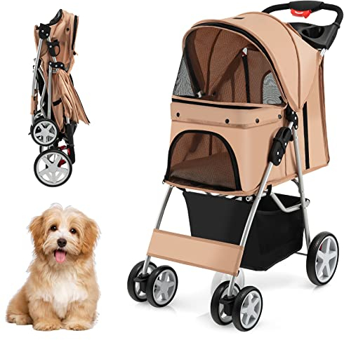 COSTWAY Hundewagen Haustiere Buggy, bis 15 kg, Hundebuggy mit Netzfenstern & Getränkehalter & Korb & Sonnenschutz, Faltbarer Katzenwagen, Katzenbuggy für kleine Hunde Katzen (Beige)