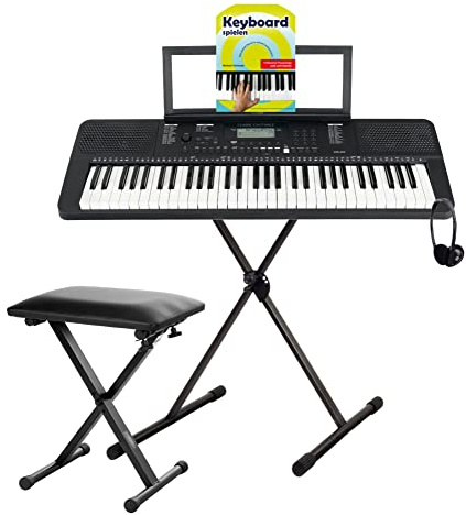 Classic Cantabile CPK-203 Keyboard Deluxe Set - 61 Tasten mit Anschlagdynamik - 480 Klänge und 160 Begleitrhythmen -inkl. Ständer, Bank, Tasche, Kopfhörer und Keyboardschule - Schwarz