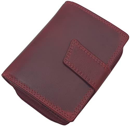 Kleine Echt Rindleder Damen Geldbörse/Geldbeutel/Portemonnaie/Geldtasche in Hochformat mit RFID & NFC Schutz (Ohne Motiv/Kirschrot)