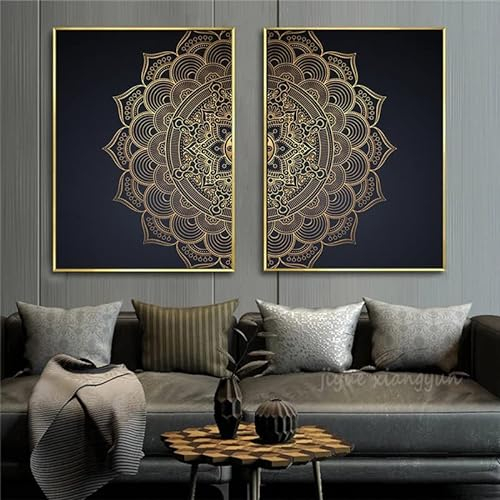OTURRI Schwarz Gold Wand Bilder Moderne Mandala Poster Kunstdruck Abstrakte Leinwand Bild Bilder Für Wohnzimmer Schlafzimmer Inneneinrichtung Wohnkultur 40x60cmx2 Ungerahmt