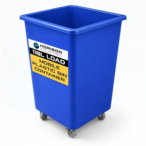 Horison Industries Mobile Bottle Plastic Bin, Blue, 118L, 760x465x465mm | Trolley On Wheels, Glass, Recycling Bins, Bottle Skips for Home Bar, Outdoor Bars & Hotels, Heavy Duty Plastic Storage Boxes