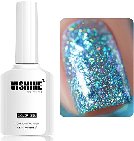 Vishine Glitter Gel Nail Polish Diamond Blue Sparkly Holographic Iridescent Gel Polish Soak off LED UV Curing Required High Pigment Gel for Home Salon Manicure Nail Art 16ml M180