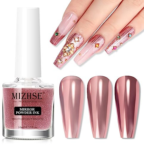 MIZHSE Chrome Mirror Powder Liquid Pink Hailey Bieber Nails Metallic Chrome Nail Polish for Nail Art Design Soak off UV LED 10ml