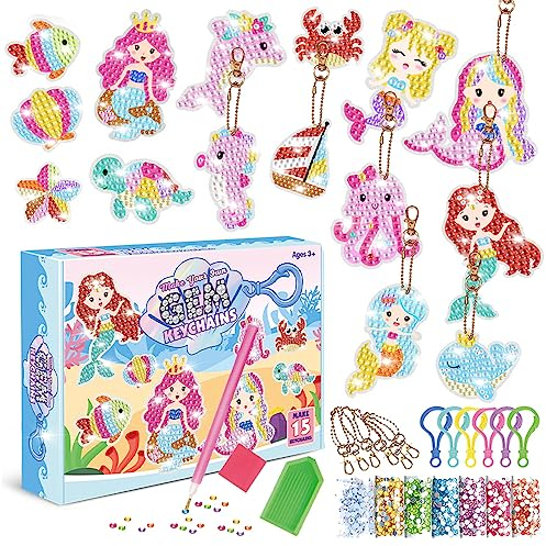 CAYUDEN Diamond Painting Anhänger Set, 15 Stück DIY Diamond Schlüsselanhänger Ornamente 5D Meerjungfrau Diamant Schlüsselanhänger Diamond Keychains Gem Anhänger für Kinder 8-12 Jahren Mädchen