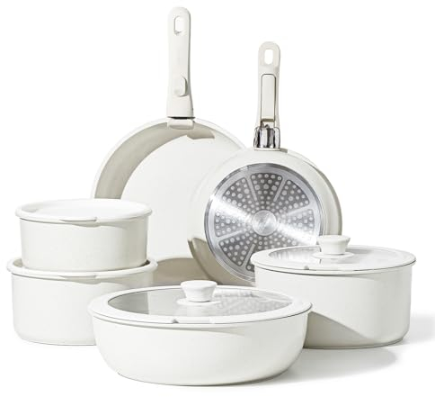 CAROTE 12pcs Pots and Pans Set, Nonstick Cookware Set Detachable Handle, Induction Kitchen Cookware Sets Non Stick with Removable Handle, RV Cookware Set, Dishwasher/Oven Safe Cream White