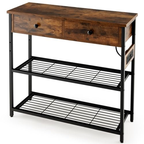 LIFEZEAL Table Console avec Prise de Courant et Ports USB, Table de Couloir industrielle ports USB, Meuble d’Entrée avec 2 Tiroirs, 81 x 30 x 81 cm, Marron+Noir