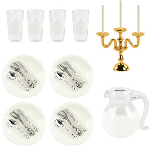 22 Stück Puppenhaus Geschirr Zubehör, 1:12 Miniatur Teller Set, Miniatur Milchbecher Set, Miniatur-Kerzenhalter, Miniatur Puppenhaus Zubehör, Mini Puppenhausmodelle