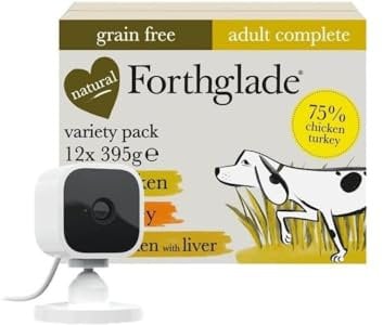 Forthglade Complete Natural Wet Dog Food - Grain Free & Vegetables Variety Pack (12 x 395g) + Blink Mini Pet Security Camera - 1080p HD, motion detection, Alexa enabled