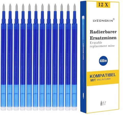 [12 Stück] - LVZONGXIN Radierbare Ersatzmine, Kompatibel mit Pilot FriXion Ball & Clicker & Eberhard Faber animal erase it, Tintenroller Radierbar, Spitze 0,7 mm,Nachfüllminen mit radierbarer Tinte