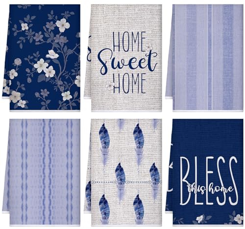 Bencailor Küchentücher für Zuhause, Sommerblumen, Bauernhaus, Küche, Handtücher, schnell trocknend, Dekoration zum Kochen (Blau, Zuhause), 6 Stück