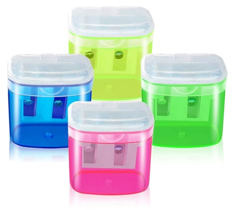 DOETYD 4pcs Pencil Sharpener with Container 4 Color Dual Holes Manual Sharpener for Kids Students School Home Office