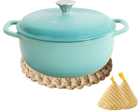 DYHQQ Cocotte Ronde en Fonte émaillée de 4 L avec Couvercle, Gants de Cuisine en Silicone, maniques, ustensiles de Cuisine antiadhésifs pour braisage, ragoûts, rôtissage, Cuisson du Pain