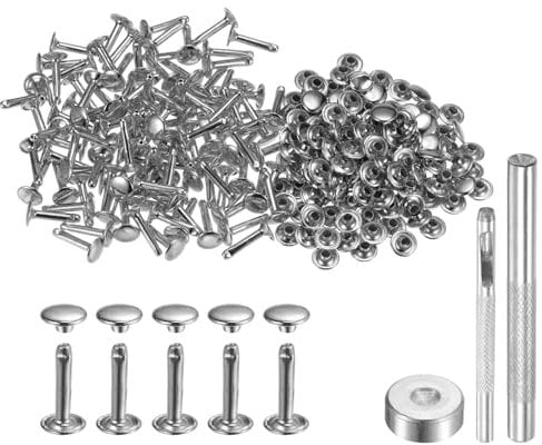 sourcing map 100 Sets Leather Rivets 9mm x 16mm Metal Double Cap Rivet Snaps Studs Fasteners with 3pcs Setting Tools Rivets for Leather Craft DIY Repair Decoration, Silver Tone