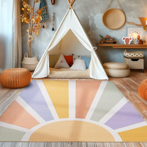 SIMPEX Kinderzimmer Teppich Regenbogen Design Kinderteppich Babyzimmer Teppiche Spielteppich für Jungen und Mädchen Teppich Bunt Waschbar und rutschfest 120 x 170 cm, Rechteckig