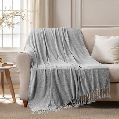 BATTILO HOME Chenille Knit Throw Blanket for Sofa, Soft Warm Cozy Grey Blankets with Fringe Tassels, Light Grey Throws for Bed Settees Armchairs Home Decor, 130×150cm