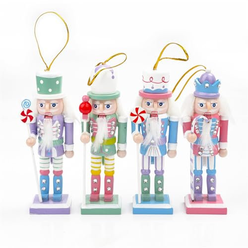 Christmas Nutcracker Ornaments Set, Wooden Christmas Nutcracker Soldier Figures Decorative Collectible Nutcracker 5 Inch Mini Nutcracker Figurines Christmas Tree Hanging Decorations - 4pcs Macaron