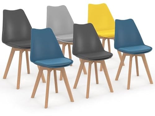 IDMarket - Lot de 6 chaises scandinaves SARA Mix Color Bleu x2, Gris Clair, Gris foncé x2, Jaune