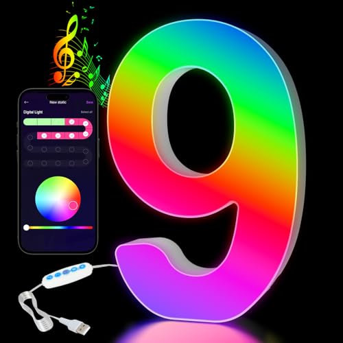 LED Number Lights - Light Up Number USB Powered Color Changing Alphabet Sign Gifts for Girls Women Party Birthday Decorations, APP Control, Night Light Christmas Valentine Wall Table Decor, 9
