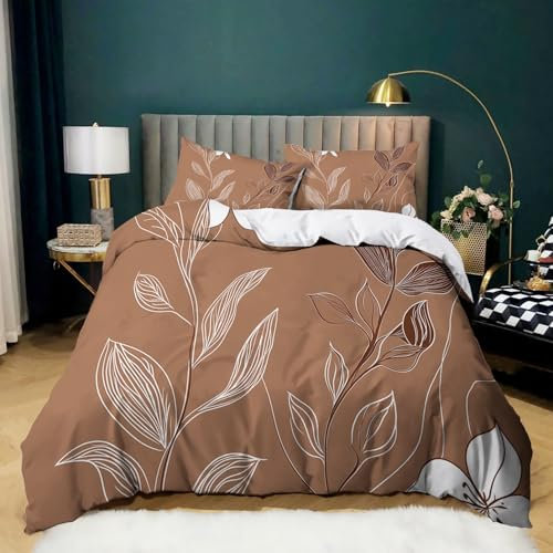 Braun Weiß Drucken Bettwäsche-Set 3 Teilig, Einfache Linien Mikrofaser Drucken Bettbezug 155 × 220 cm mit Reißverschlus Einfache Pflege mit 1 Bettbezug und 2 Kissenbezug