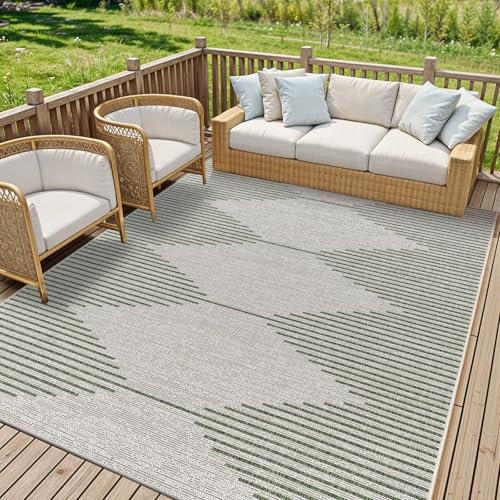 Livabliss Sevilla Indoor Outdoor Rug - Large Boho Rugs for Living Room 200x275 cm Dining, Kitchen Carpet, Patterned Neutral and Coloured Rugs, Waterproof, Stain Durable - Green, Ivory
