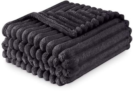 GC GAVENO CAVAILIA Luxury Faux Fur Ribbed Blanket Sofa Large Throw 200 x 240 Cm - Thermal Warm & Cosy Thick Fluffy Throws - Fleece Blanket Throw For Sofa Bed Couch - Charcoal