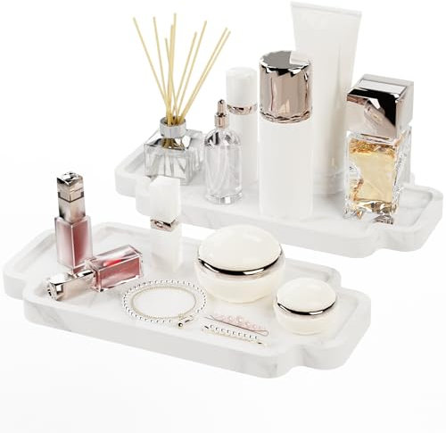 Yawinhe 2 Pezzi Vassoio da Bagno, Vassoio Portaoggetti, Vassoio Decorativo, per Lavabo Bagno, Vassoio in Legno per Gioielli, Candele, Sapone, 30x12.5x2cm, Colore Marmo Bianco