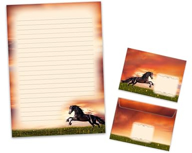 Briefpapier-Set Briefblock mit Umschlag für Jungen Mädchen Kinder Tiere Pferd Sonnenuntergang (Block A4 mit 25 Blätter + 15 Umschläge)