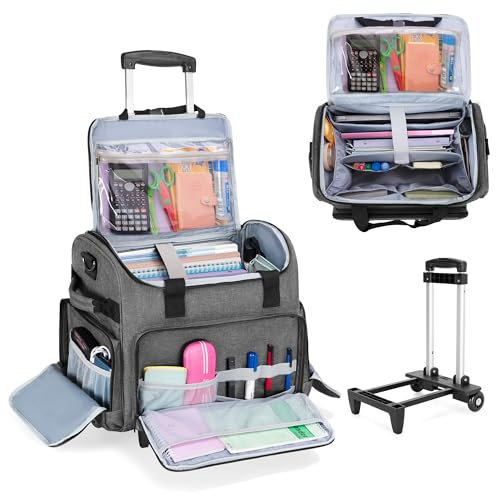CURMIO Lehrertasche mit Rollen, Lehrer Arbeitstasche mit Erweiterbarer Aktenordner Fach, Rolling Laptoptasche für 15,6” Laptop, Lehrerbedarf, Werkzeuge, Bürobedarf, Kunsthandwerk, Grau