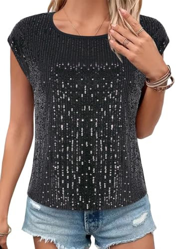 Segreto Damen Rundhals Locker Pailletten Tops Cap Ärmel Oberteil Party Glitzer Bluse Tanktop Shirt Cocktail Festliches Outfit, Schwarz/L