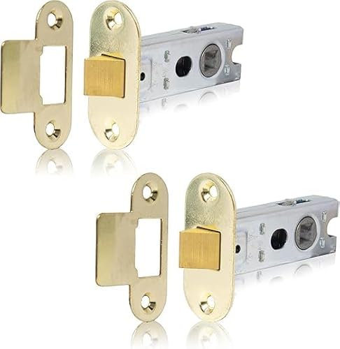 Euroart Polished Brass Radius Tubular Latch, Two 65mm Polished Brass Radius Tubular Latches for Internal Wooden Doors.