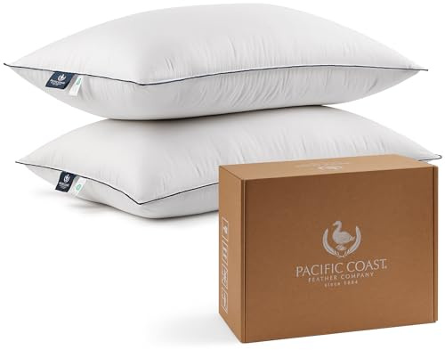Pacific Coast Feather and Down Bed Pillows Standard Size Set of 2, Goose Feather and Down Hotel Pillow for Sleeping, Downproof, 3-Chamber, Medium Supportive, 100% Cotton Shell