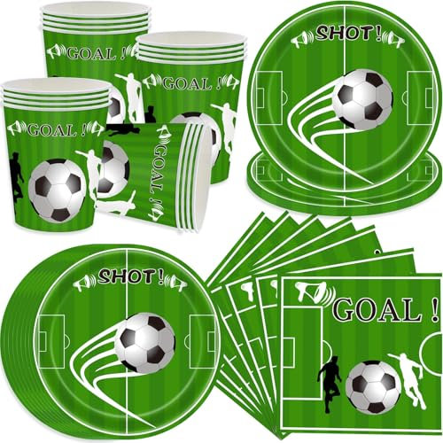 pekifaves Fußball Partygeschirr für 16 Gäste, Fußball Party Dekorationen Set Fussball Deko Geburtstag Kinder Fussball Partyteller Pappteller, Pappbecher, Servietten, Mädchen Junge Mottoparty Grün
