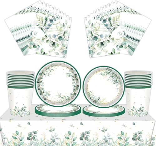69Pcs Sage Green Party Tableware Set, 7inch 9inch Paper Plates and Napkins Cups Table Cloth Sets for Garden Party, Afternoon Tea, Baby Shower, Wedding,Birthday Decor