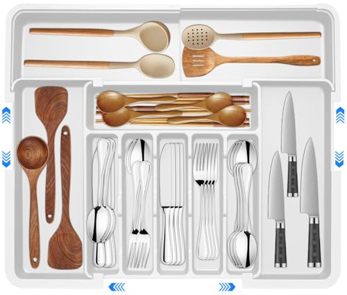 Veftsvy Bandeja Cuberteros para Cajon Cocina, Organizador Cubiertos Para Cajon Con 9 Compartimentos, Organizador Cocina para Cucharas y Tenedores, Para Almacenamiento de Cubiertos de Cocina, Blanco