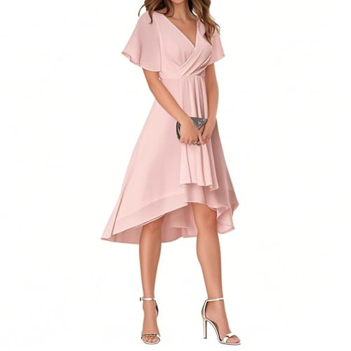 Minetom Robe De Soirée Femme A Line High Low Col V Manches Courtes pour Mariage Invité Mousseline Plissé Dress