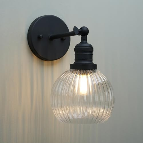 Pathson Vintage Applique Murale Industriel E27 Luminaires Intérieur Abat-jour en Verre Rond Lampe Murale pour Salle de Bains Miroir de Toilette Cuisine Entrée (Noir)