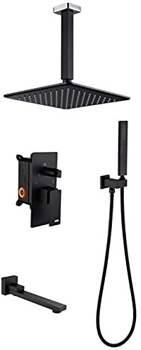 Ensemble de Douche à Effet Pluie encastré, robinetterie de Plafond avec pommeau de Douche carré de 25 cm, douchette à Main et Bec pivotant, Noir