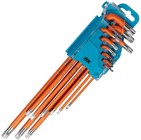 OX Pro 9pc Tamperproof Torx Key Set T10–T50 Long Arm S2 Steel | 9pc Star & Torx Security Key Set T10–T50 – Long-Arm S2 Steel, Colour-Coded, with Storage Holder for Trade & Maintenance
