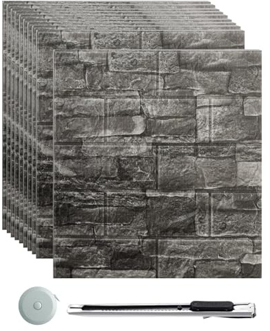 3D Tapete Wandpaneele Selbstklebend,10 Stück Ziegel Tapete,Steinoptik Tapete Wasserdicht Wandaufkleber, 35×38.5cm Wandtapete Schaumstoff,für Wohnzimmer Schlafzimmer Kinderzimmer (Schwarz Ziegel)