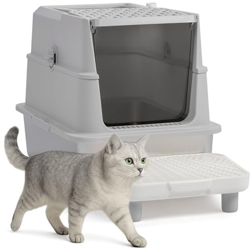 Bonnlo Enclosed Hooded Large Cat Litter Box, Cat Litter Tray Large Size 60*40*46cm, Covered Kitten Litter Tray for Big Cats with Scoop and Filter Pedal, Anti Leakage, High Sided, Easy to Clean, Grey