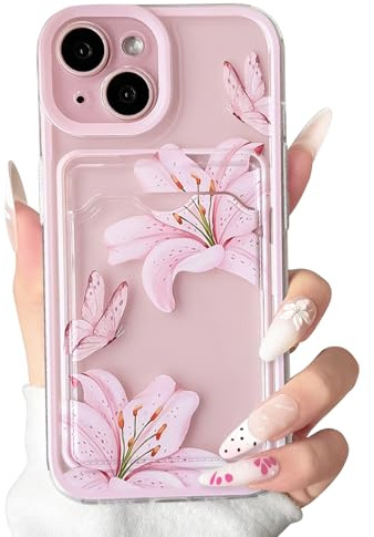 NITITOP for iPhone 13 Case Clear Cute Lily Flower Wallet, Pink | for Women Girls, Floral Butterfly Pattern, with Card Holder, Color Frame, Soft TPU Shockproof Cover, Full Camera Protection