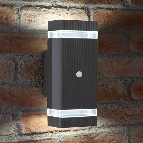 Auraglow PIR Double Up Down Wall Light Anthracite, Cool White GU10 LED | Motion sensor lamp, 8m range, dusk till dawn mode, twin beam glow, IP44, for porch, garage and driveway