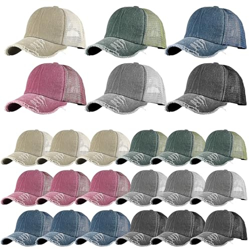 JTKDG 24er Pack Baseballkappe Damen & Herren - Vintage Basecap verstellbar - Retro Baseball Cap im Distressed Look - 6 Farben Mesh Trucker Kappe aus gewaschener Baumwolle - Set für DIY & Events