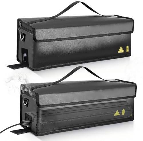 Ebike Lot de 2 sacs de batterie ignifuges jusqu'à 2300 °C, 8 couches, sac de batterie ignifuge, étanche, anti-explosion, pour le chargement, le transport, 49 x 15 x 15 cm (portable + sangle)