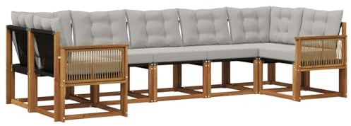 vidaXL Outdoor-Sofagarnitur mit Kissen 7 pcs Natürlich und Hellgrau, Moderne Gartenlounge, robuster Sofa, eleganter Patio, stylische Möbel für gemütliches Sitzen im Freien