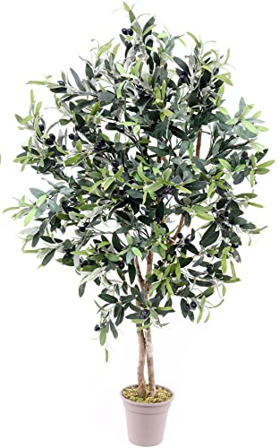 kunstpflanzen-Discount.com Oliven Kunstbaum 125cm mit 960 Textilfaser Blätter und Naturstämme - Künstlicher Olivenbaum mit Früchten